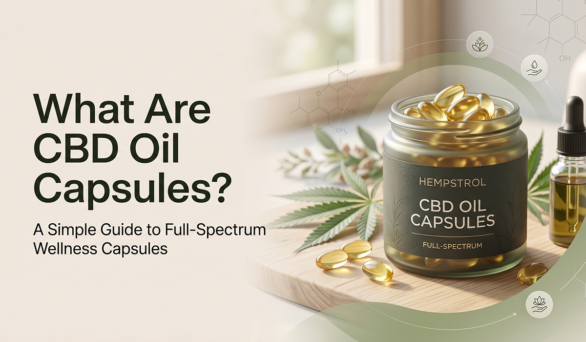 A glass jar filled with golden CBD oil gel capsules on a wooden surface next to hemp leaves and a dropper bottle.